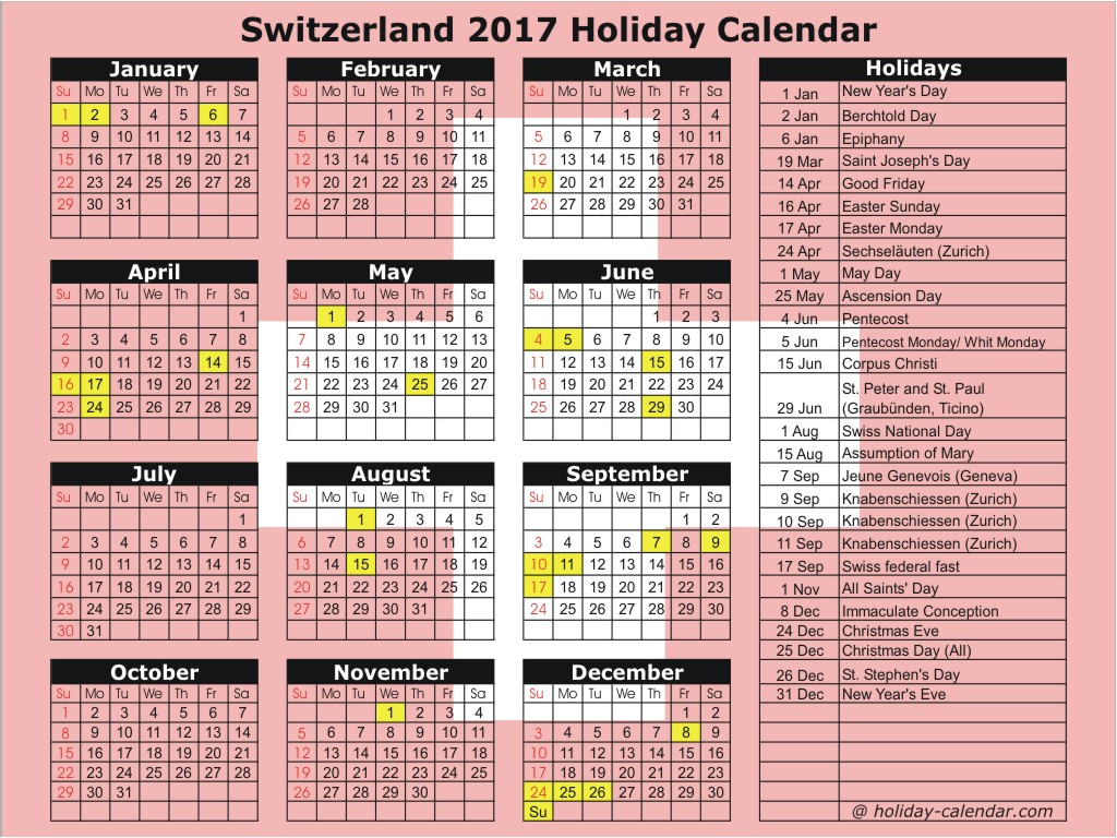 Lịch nghỉ lễ và chế độ nghỉ lễ tại Thụy Sỹ trong năm 2017